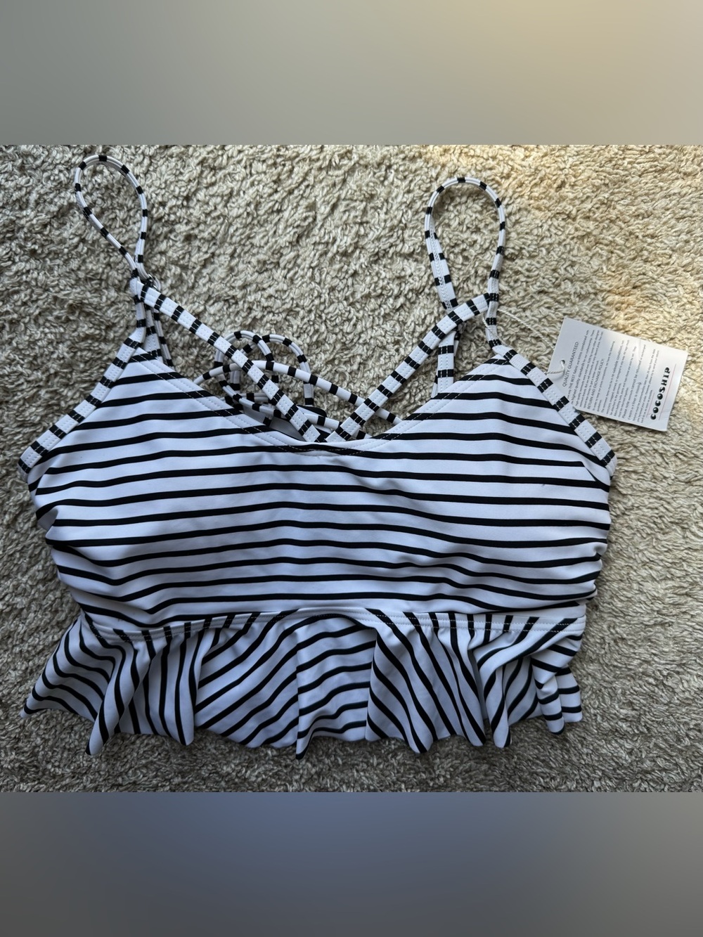 COCOSHIP NWT Black White Striped Peplum Bikini Swim Top Women’s Small - Picture 1 of 4